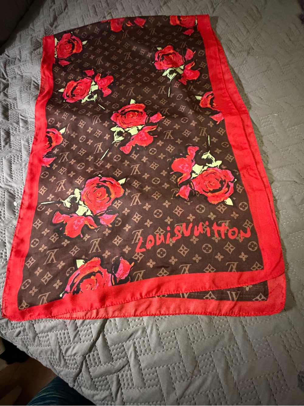 Louis Vuitton Brown Scarf with Red Rose Motif and Red Border